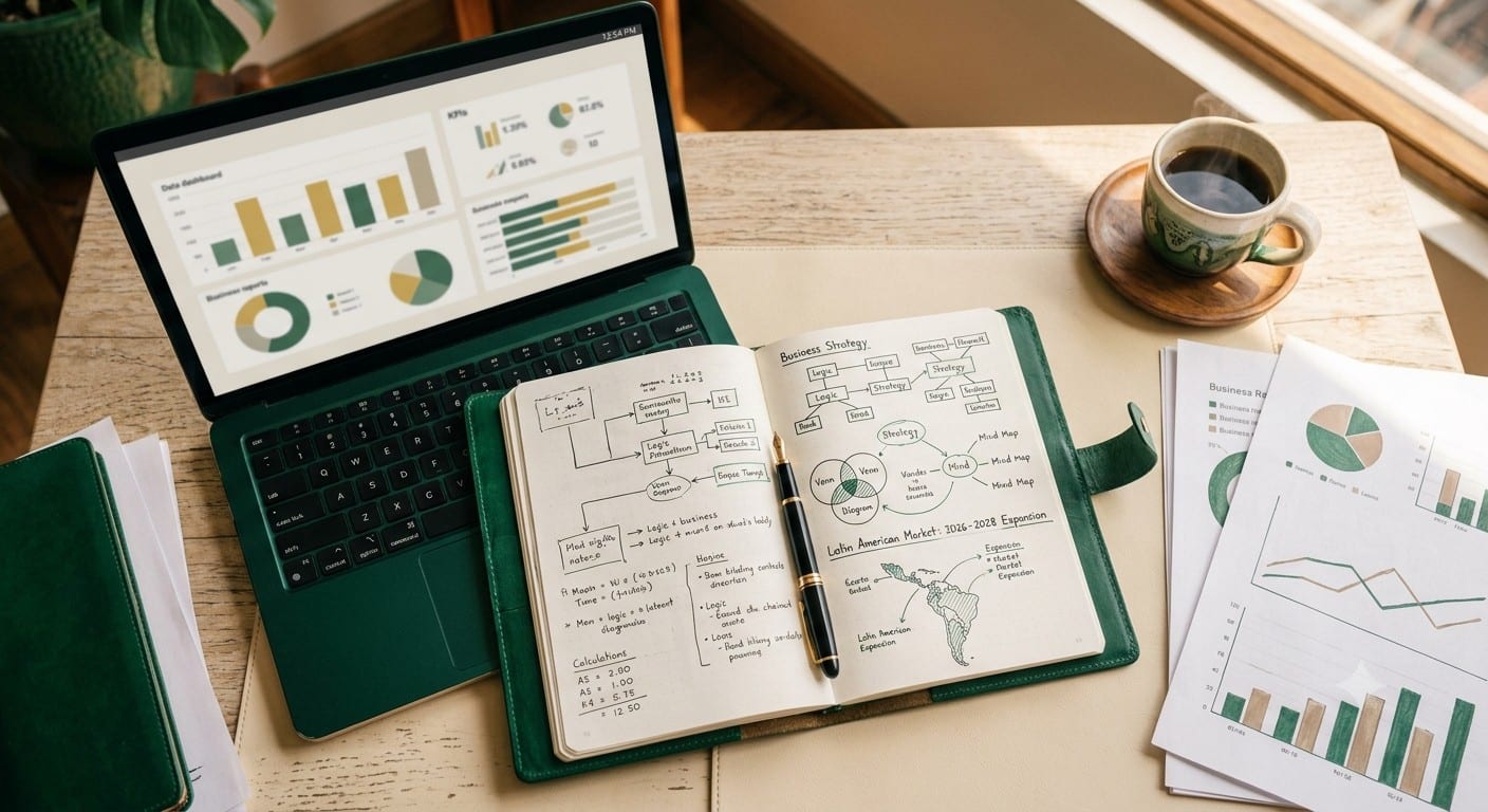 Mesa de trabajo con diagramas de estrategia, computador y documentos de análisis